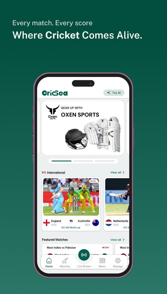 CricSea home feed with live international matches