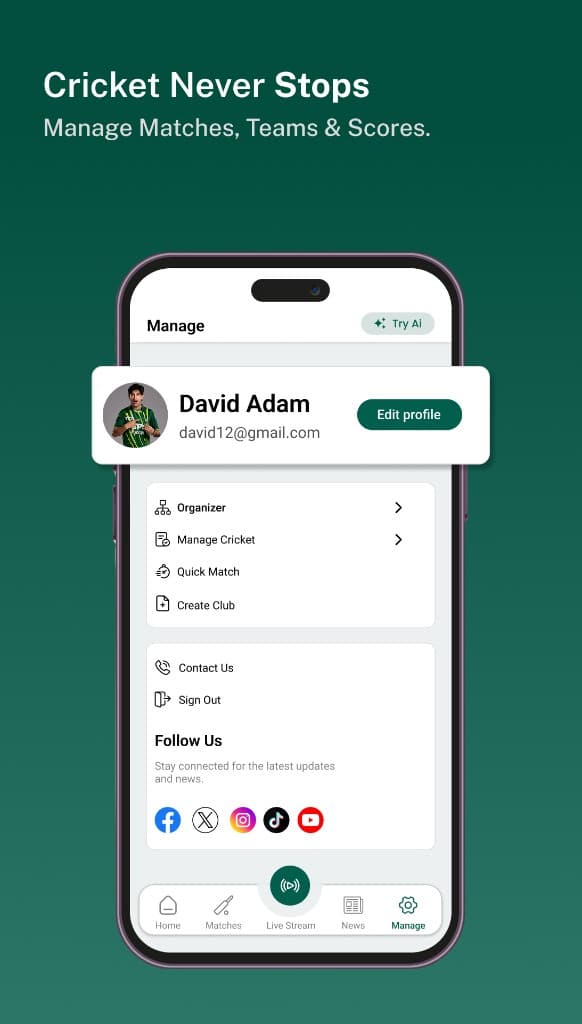 CricSea manage screen for profile, matches, and clubs